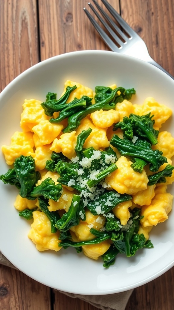 Fluffy scrambled eggs with sautéed kale and cheese on a rustic plate.